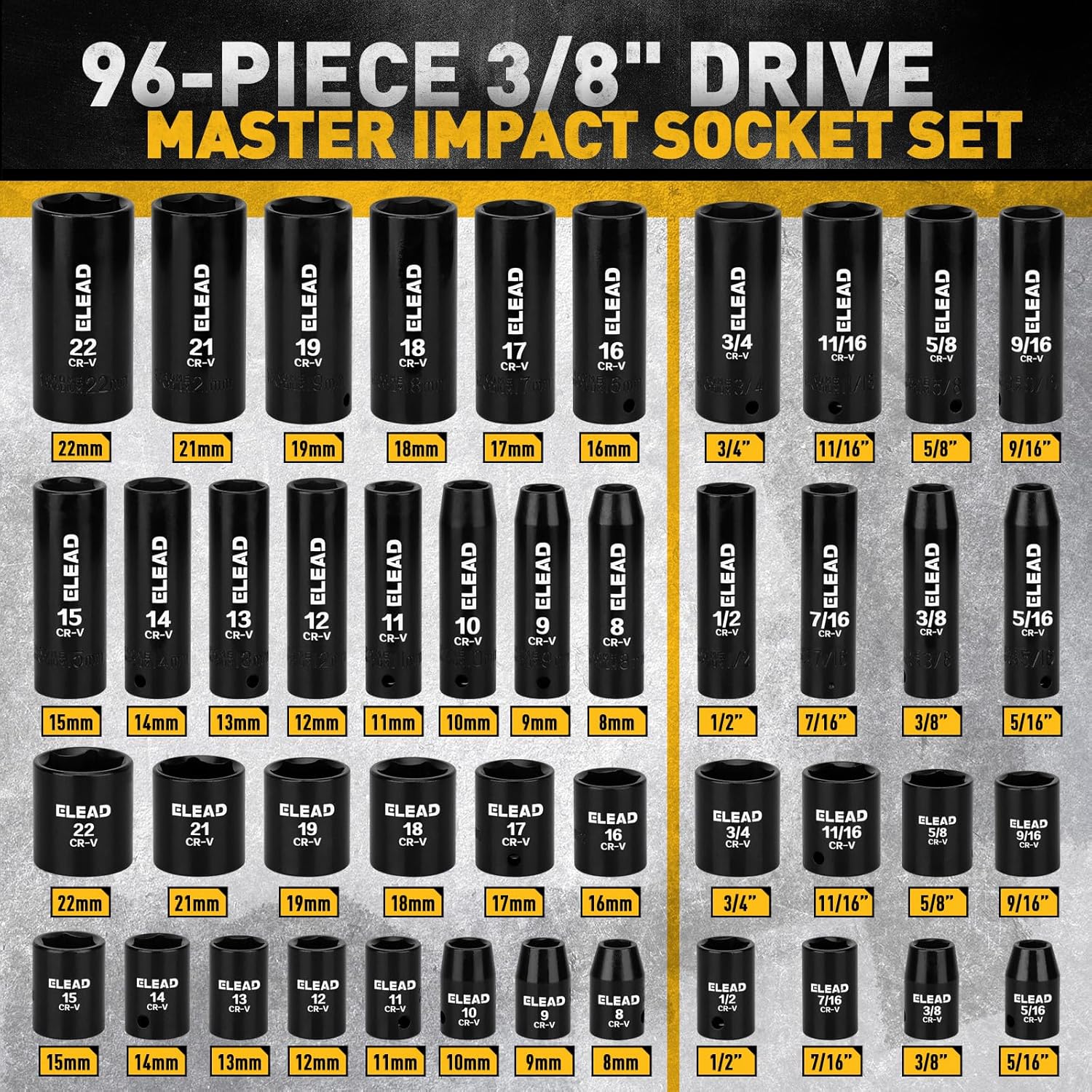 

3/8 Drive Impact Socket Set, 96-Piece Metric & Standard, with Adapters, Ratchet, Extensions, Bit Sets United States