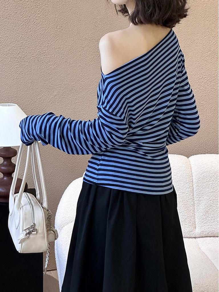 Juzhi Spring Retro Striped Off-Shoulder Slim Fit Long Sleeve T-shirt