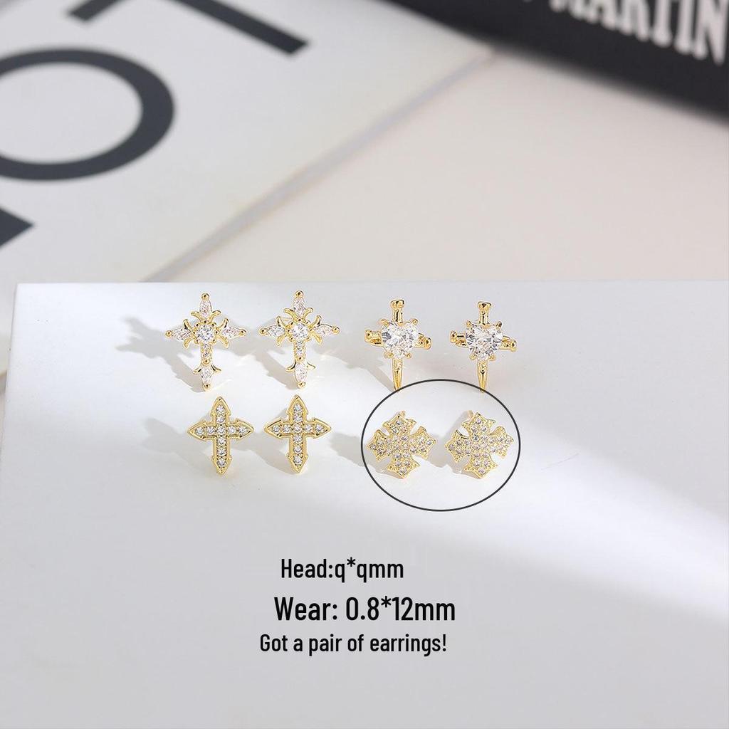 Gold-Plated 925 Silver Iris Flower Cross Stud Earrings with Zirconia Heart Ornaments