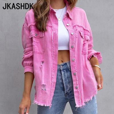 Long Ripped Denim Jacket Women Autumn Winter Casual Long Sleeve Notch Lapel Top Denim Jackets
