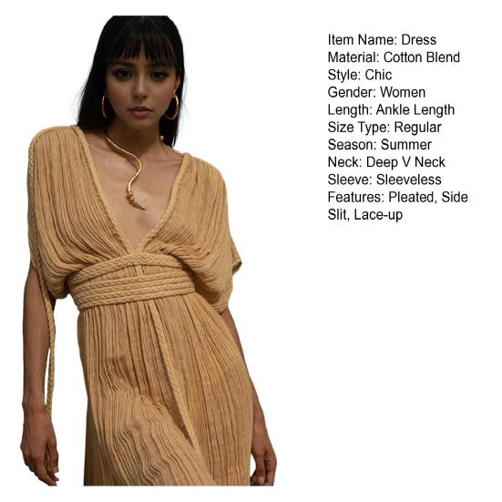 Lady Beach Maxi Dress Low-cut V Neck Short Sleevs Split Hem Pleated Lace-up Twisted Rope Decor High Waist Solid Color Long Bikini Coverup