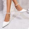 Spiss Tå Perle Ankelstropp Høyhælte Pumps Kvinner Hvite Satin Sløyfeknute Bankett Festsko Kvinne Elegante Stiletthælede Pumps