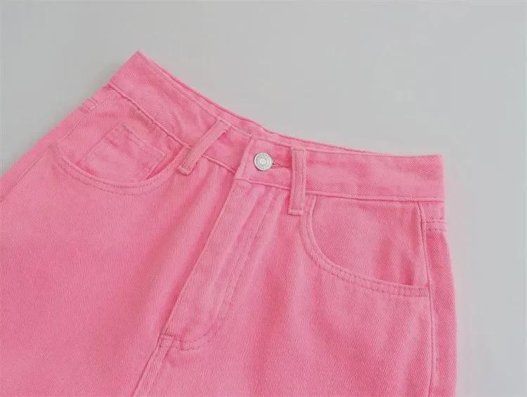 Jeans rosa petite a vita alta stile coreano a gamba larga - Estivo da donna vestibilità ampia