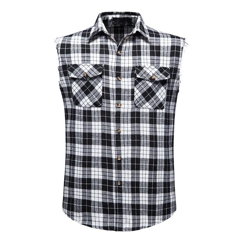 Men's Summer Casual Sleeveless Plaid Shirt Slim Lapel Multicolor Shirt