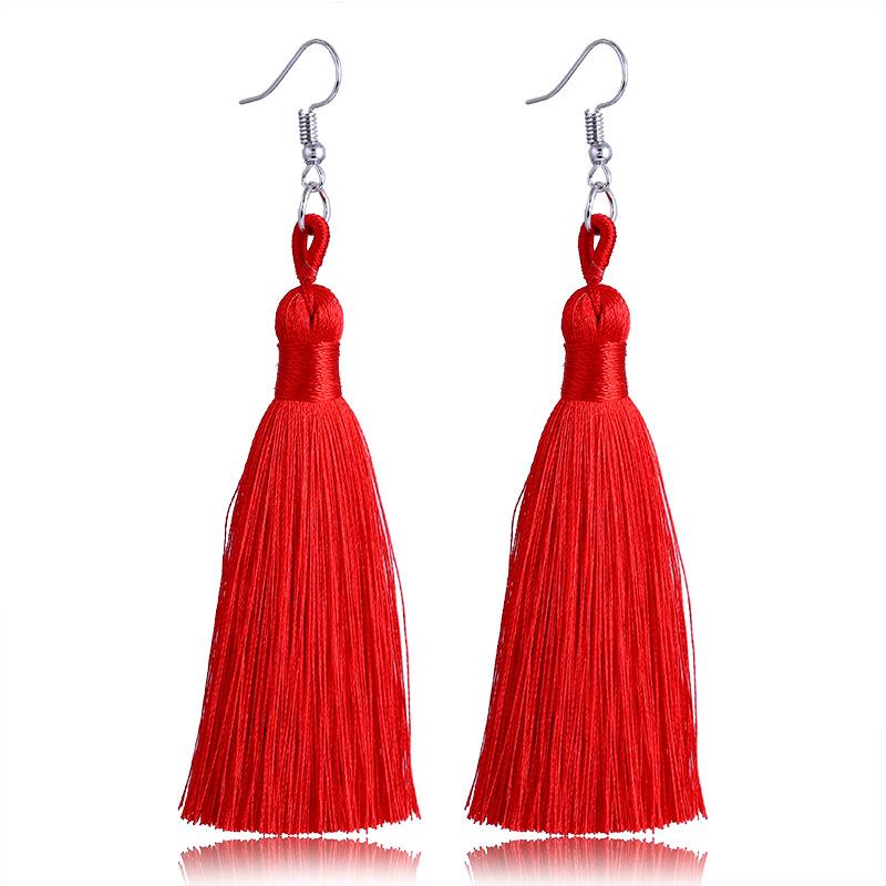 Women Tassel Earrings Bohemian Cotton Thread Cords Brush Drop Dangle Earrings Handmade Silk Fabric Long Hanging Earrings Zircon