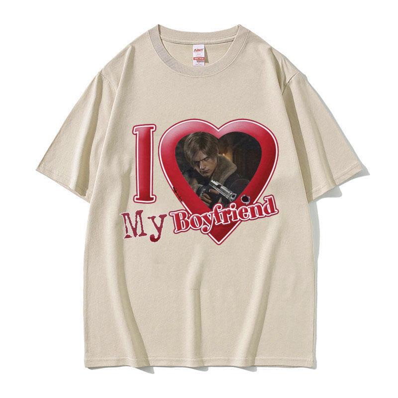 Limitierte Auflage Leon S. Kennedy "Ich liebe meinen Freund" Herrenmuster 2025 Bedruckte Reine Baumwolle Harajuku Modetrend Kurzarm