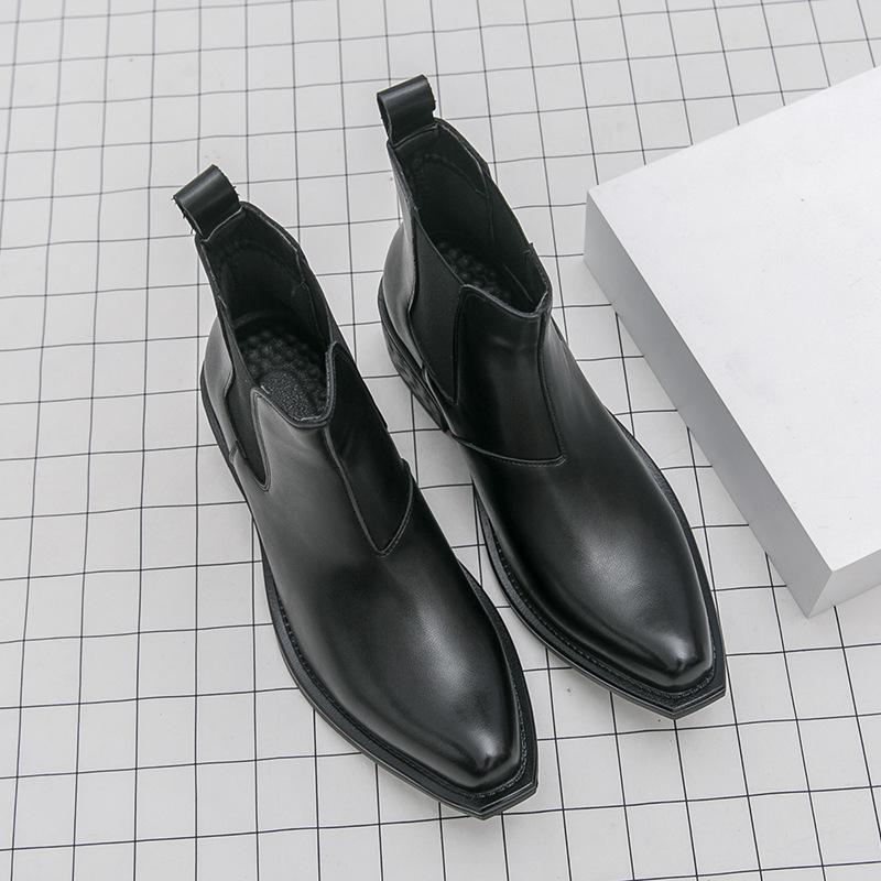 Britische Stil kleine quadratische Zehenpartie Chelsea Boots, Herren Mittelhohe Stiefel, Personalisierte Schwarze Lederschuhe, High-Heeled Martin Boots