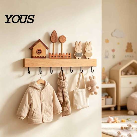 Modern Wood Wall Hanger Wooden Key Holder with 6 Hooks, Decorative Entryway Organizer Pet Leash for Rack, Easy Mount Installation Home Office