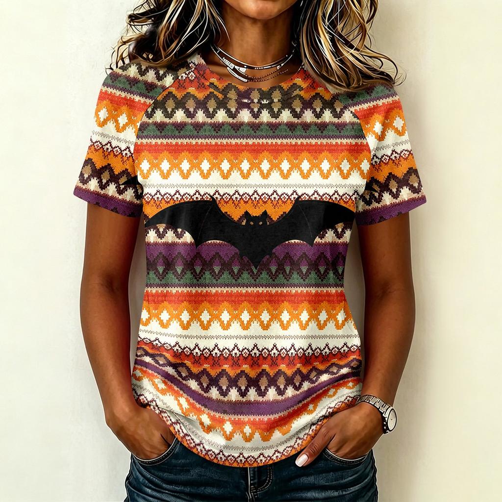 Womens Raglan Sleeve Casual T Shirt Halloween Print Short Sleeve Top Crew Neck Comfortable Fit Lightweight Fabric
