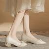 High Heels Women's Summer Thick Heel Wide Fat Feet Pearl Banquet Low Heel Bridesmaid Pointed Head Pumps Women Size 30-44