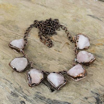 Rose Quartz Rough Necklace Electroformed Copper Necklace Adjustable Chain Necklace Handmade Gemstone Necklace Electroformed Jewelry For Gift