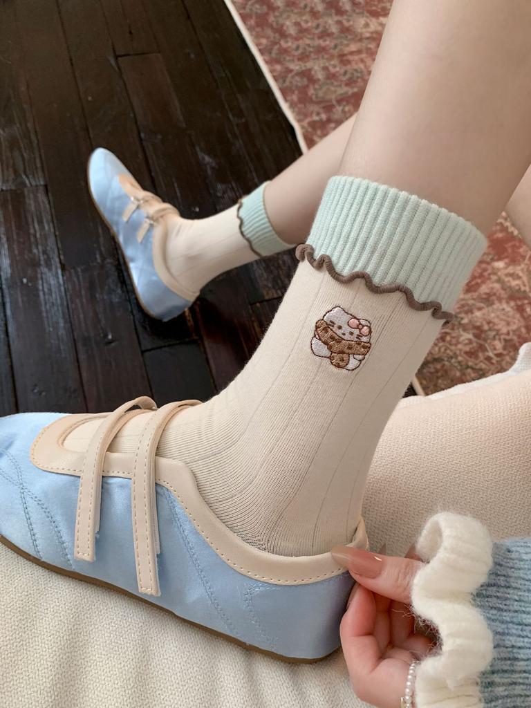 White Lace Pile Socks Girls Cute Kitty Kitty Kitty Mid-Leg Socks Trendy Spring And Autumn Pure Cotton Stockings