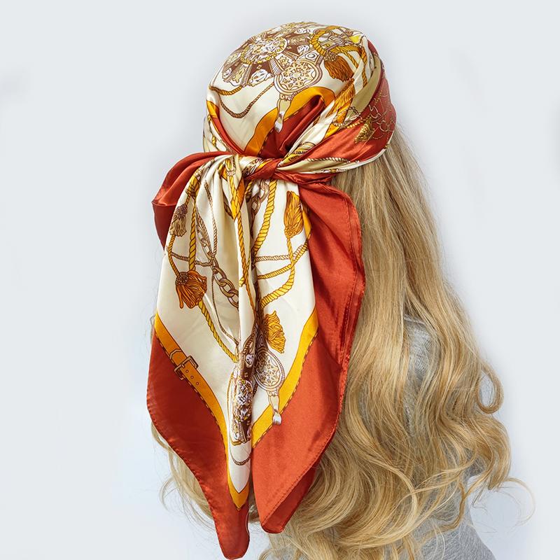 Large Hijab Scarves For Women Fashion Print Silk Satin Scarf Female 90cmx90cm Luxury Brand Square Shawls Head Scarfs For Ladies