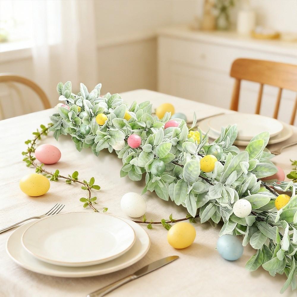 Colorful Eggs Easter Egg Garland Realistic Faux Green Leaf Vine  Front Door Decor