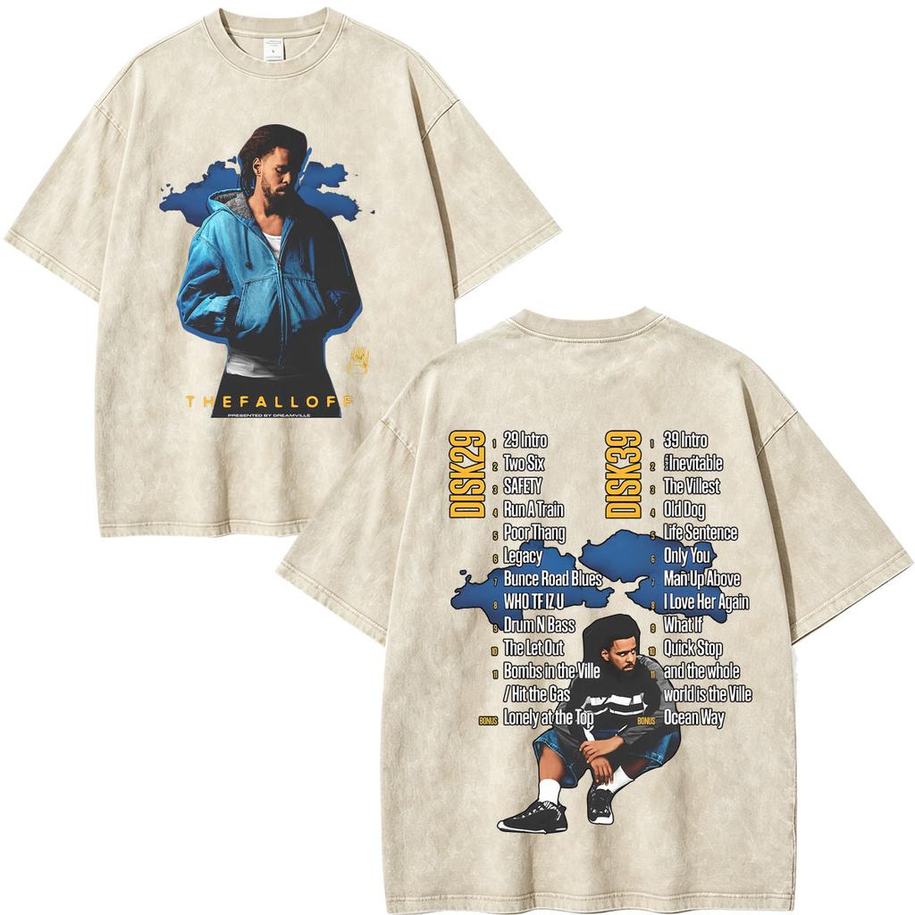 Vintage Washed Jcole The Fall Off Print T Shirts Unisex Unisex Clothing Hip Hop Fashion Short Sleeve Oversized Tshirts Streetwear
