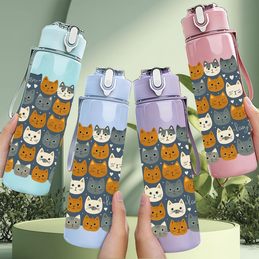 1 PZ Gatto Cartone Animato Layout a Griglia 750ml Colore Plastica Borraccia Sportiva Tappo Flip con Cannuccia Anti-perdita Per Sport Ufficio Uso Domestico