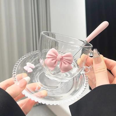 Bågformad glaskopp Nischdesign Ins Handtag Mugg Hög Estetisk Vattenkopp Hem Kaffekopp och Fat Set Dryckesvaror