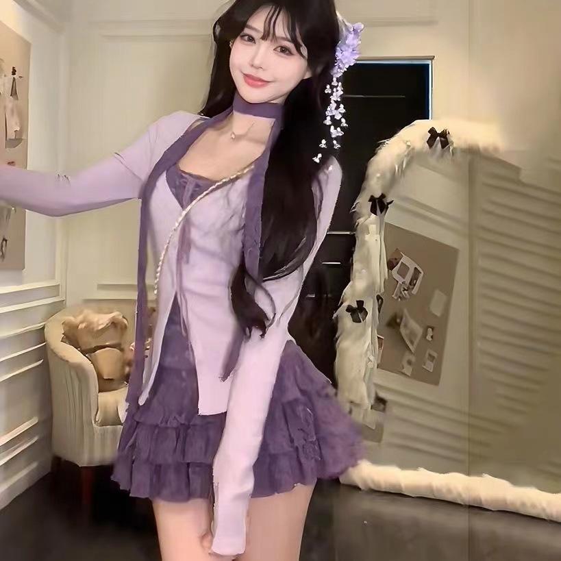 Spice Girl Purple Spring and Summer Two Sweet and Spicy New Knitted Design Skinny Cardigan Half Skirt Top