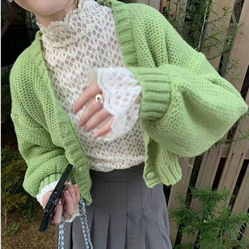 

Осенний свободный однобортный женский кардиган с длинным рукавом, вязаный свитер, пальто, женские зимние модные укороченные кардиганы 29140 One Size зелёный