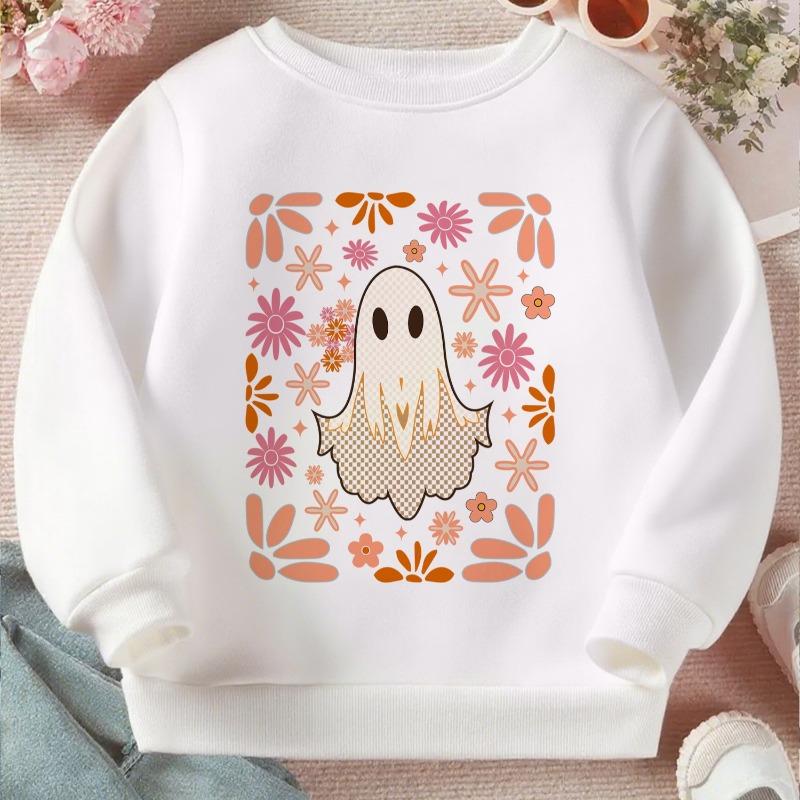 Kids Crewneck Sweatshirt, Soft Tone Floral Cute Ghost Graphic Print, Cozy Casual Long Sleeve Pullover