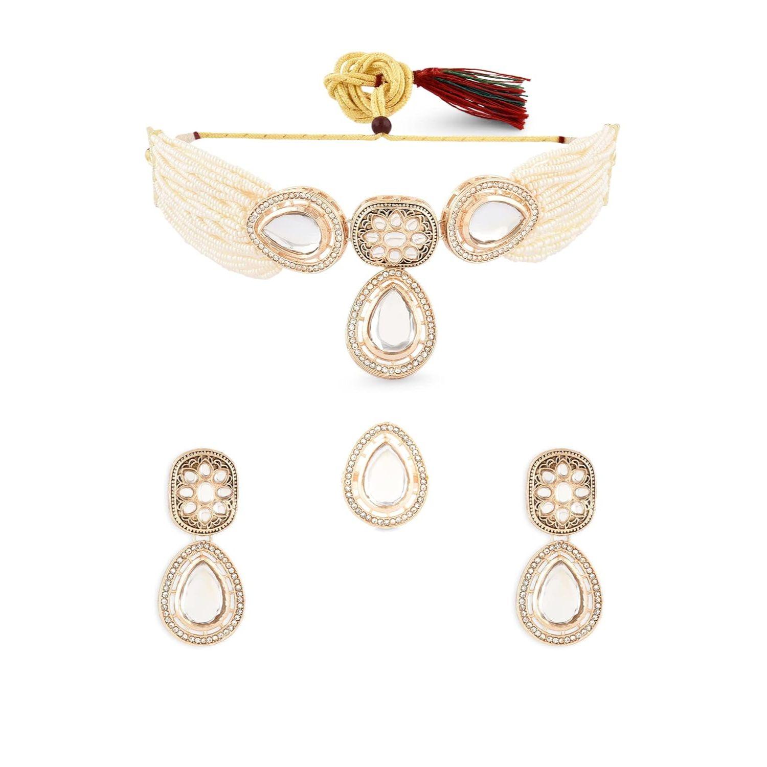 Многорядное ожерелье-чокер из кундана с бусинами, серьги и кольцо для женщин