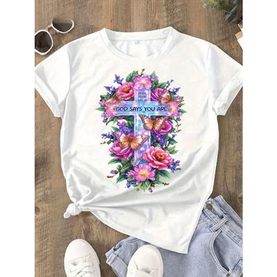 T-shirt da donna a maniche corte taglia europea compatibile per Top Versetto Dio Disse Che Eri Unico - Design con Farfalla Fiore Croce