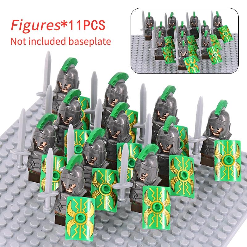 11 Silver Gray Knight Figures w Yel Edge Helm Swords Red Cross Shields White Cloaks No Baseplate