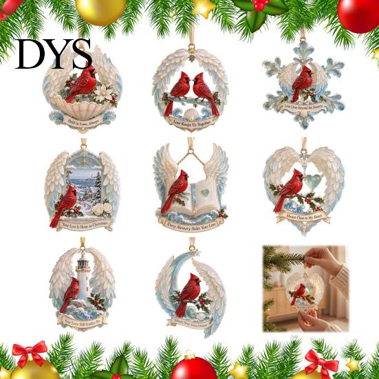 Christmas Tree Hanging Supplies Red Birds Ornament, 2D Acrylic Bird Decoration Memorial Keepsake Gift with Angel Wings, Holiday Pendant for Home Decor