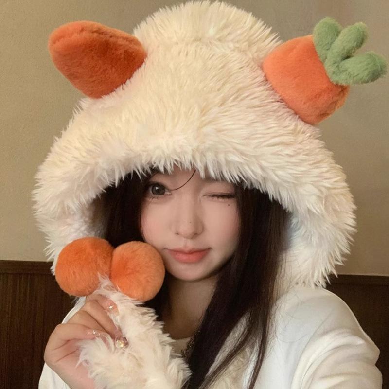 Cute Carrot Plush Ear Protection Head Hat for Women In Winter Thickened Cold Protection Lei Feng Hat Sweet Baotou Warm Hat