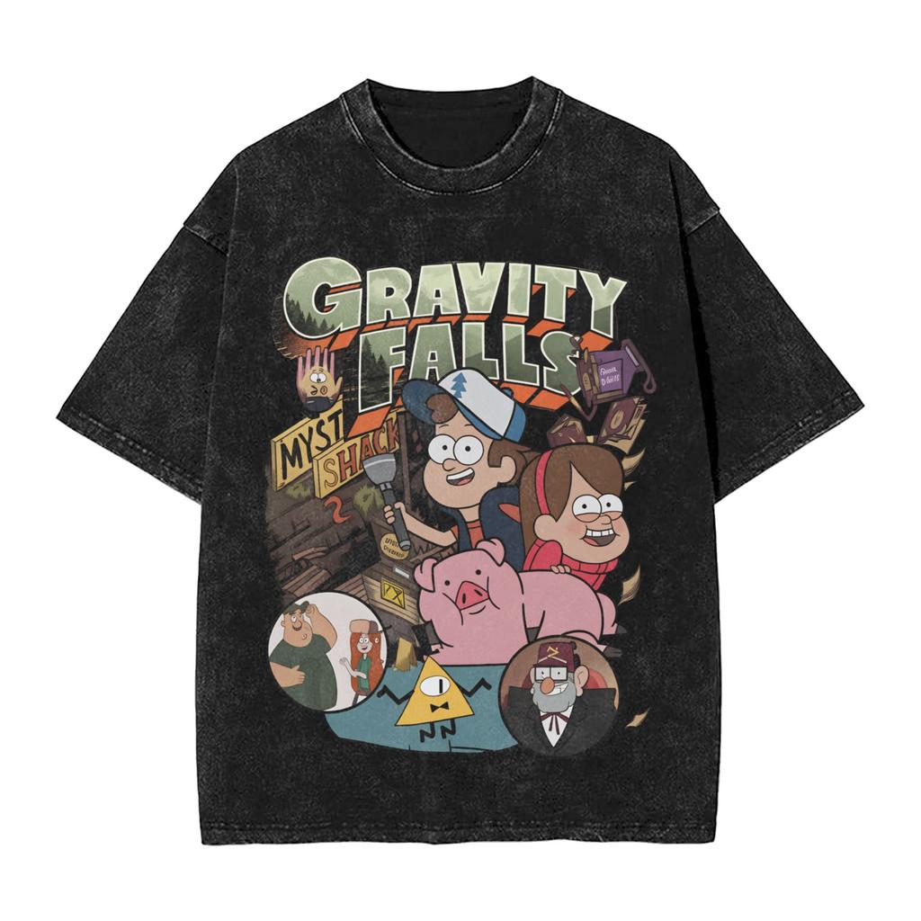 Gravity Falls Men T Shirt Washed Vintage Tee Shirt Short Sleeve Crew Neck T-Shirt Pure Cotton Graphic Printed Clothing