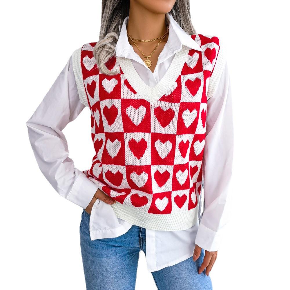 Damen Valentinstag Pulloverweste Ärmellos Liebe Herz Kariert Crop Tanktop Gestrickt V-Ausschnitt Pullover Top