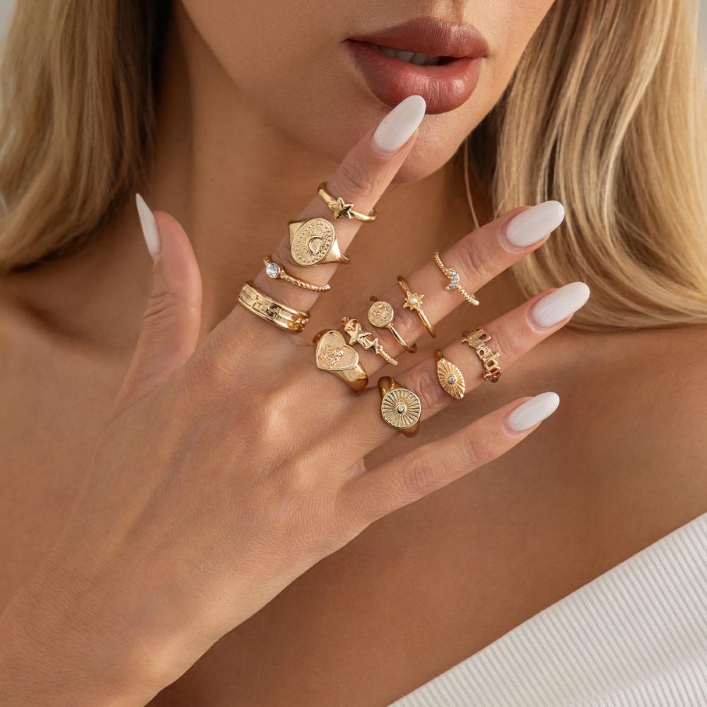 12pcs Set Retro Fashion Gold Color Inlay Zircon Moon Star Heart Letter Rings Set for Women Statement Stackable Jewelry Sets Gift