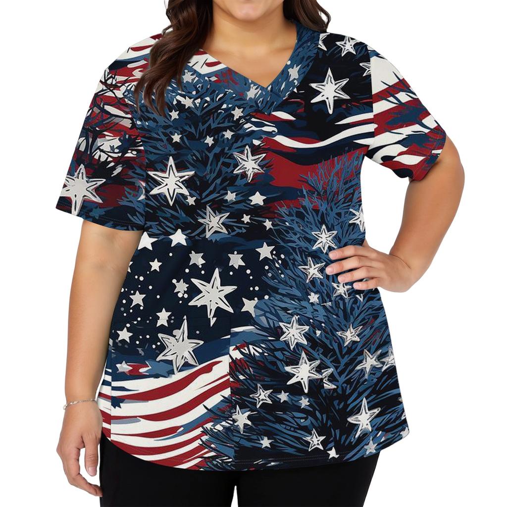 Women's Fashionable Casual Independence Day American Flag And Stars Print V-neck Short-Sleeved Work Shirt With Double Side Slits And Pockets