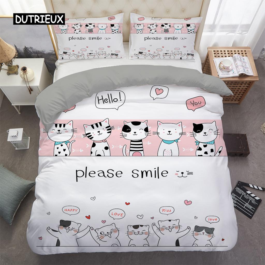 Home Textile Cartoons Cute Cat Quilt Cover Duvet Cover Pillow Case Boy Girl 2/3Pcs Polyester Bedding Set King Queen Twin Size