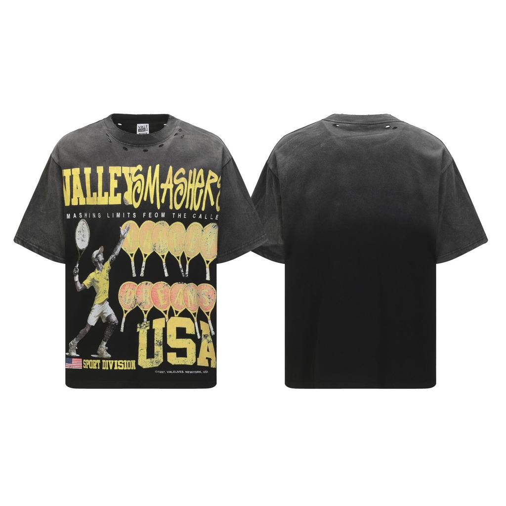 2025 Amerikanische trendige Marke Vall gewaschen alt bedrucktes kurzärmeliges Hip-Hop lockeres Streetwear-T-Shirt für Männer und Frauen