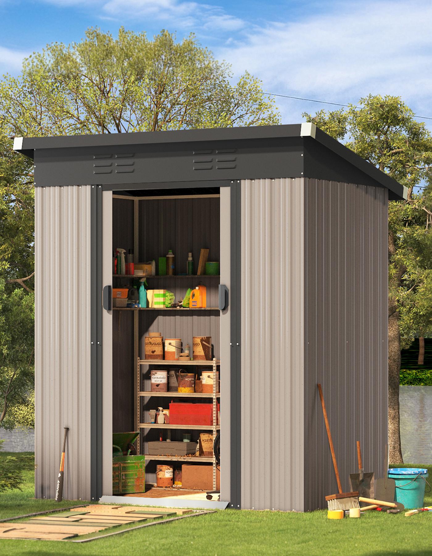 

YODOLLA Metal Garden Shed 1.44 m², Outdoor Garden Shed with 2 Sliding Doors, Storage Tools 164 x 96 x 180 cm серый