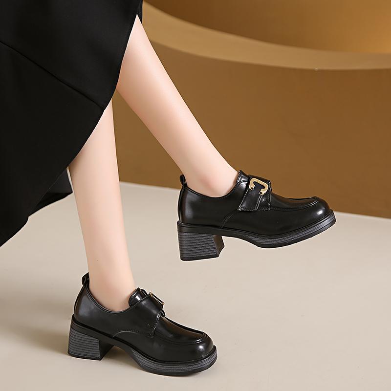 2024 Spring and Autumn Fashionable Women's High Heels High Quality Solid Color Square Toe Metal Decorated Thick Heel Loafers