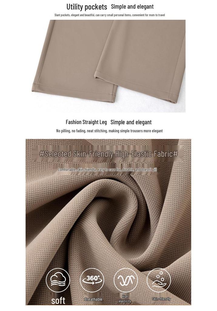 Stylish Ice Silk High Waisted Pants for 50-Year-Old Women - Loose, Elastic, Straight-Leg Summer Casual Wear