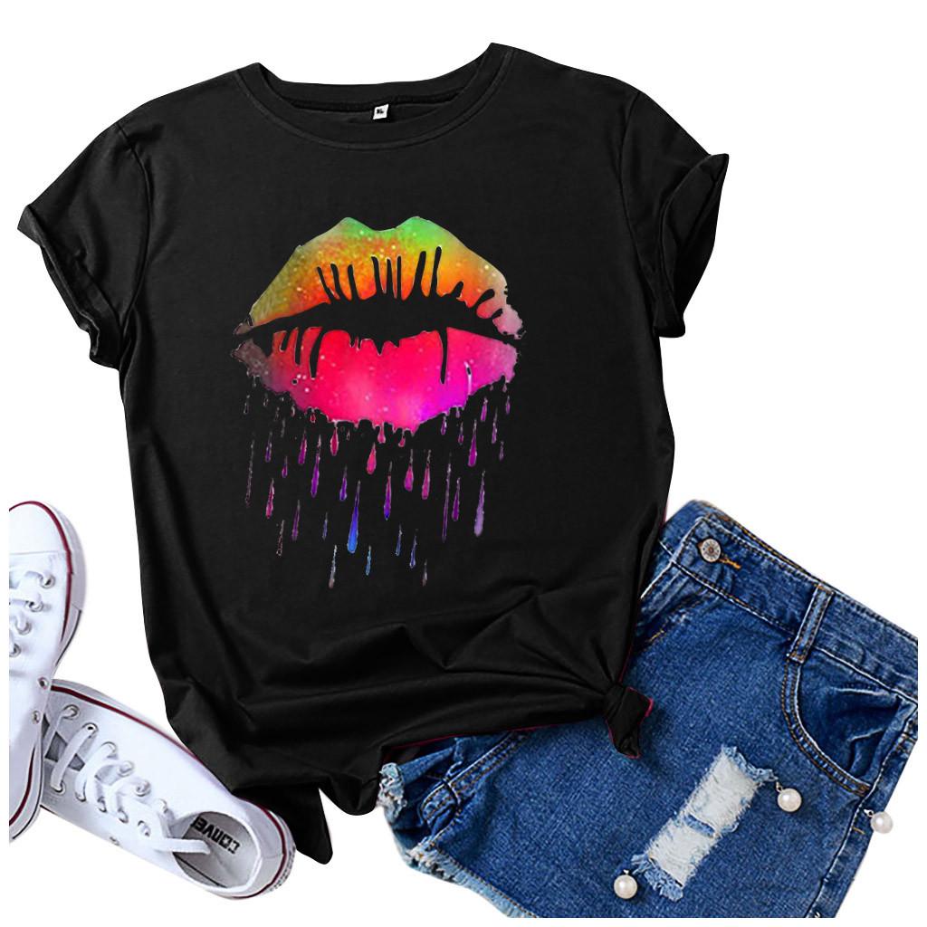 Fashion Women Casual Colorful Lip Print Short Sleeve  T-Shirt Blouses Tops