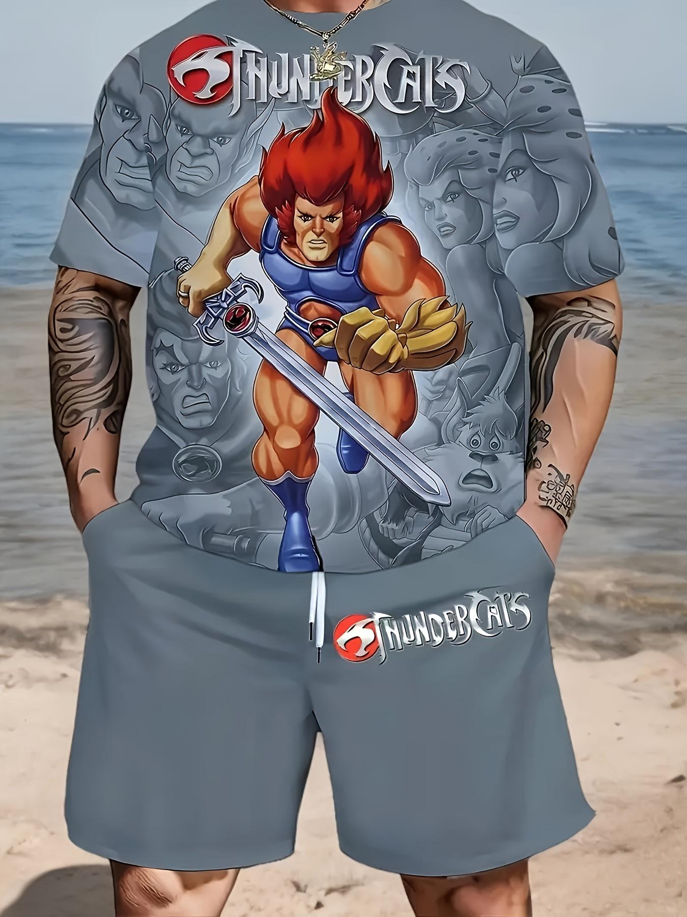 Men s Classic Cartoon ThunderCats Set: O-Neck Top & Shorts. Grey Color Block Casual Outfit for Weekend Getaway & Picnic S серый