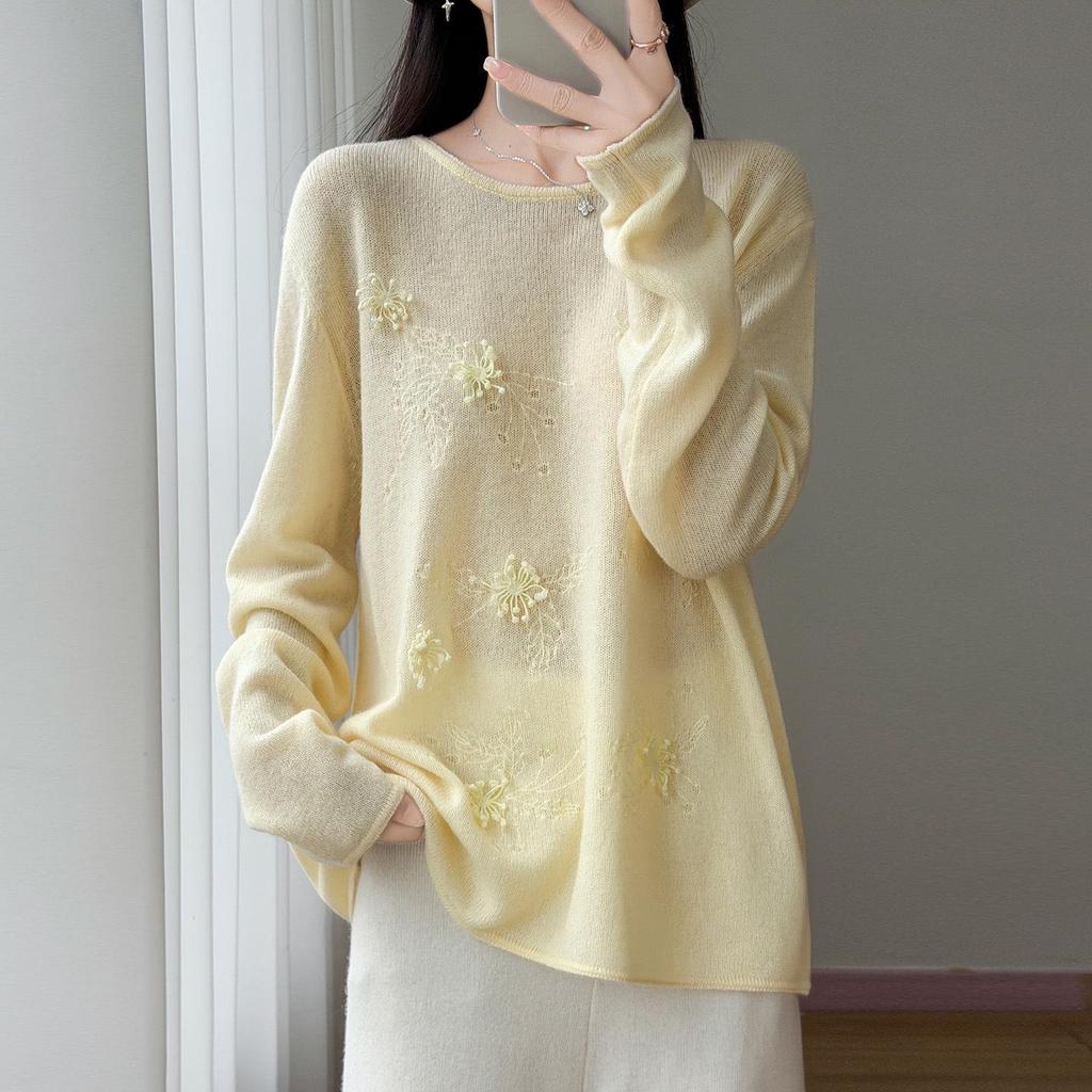 Women's Pure Wool Firework Embroidered White Sweater - Autumn/Winter Loose Knit Pullover