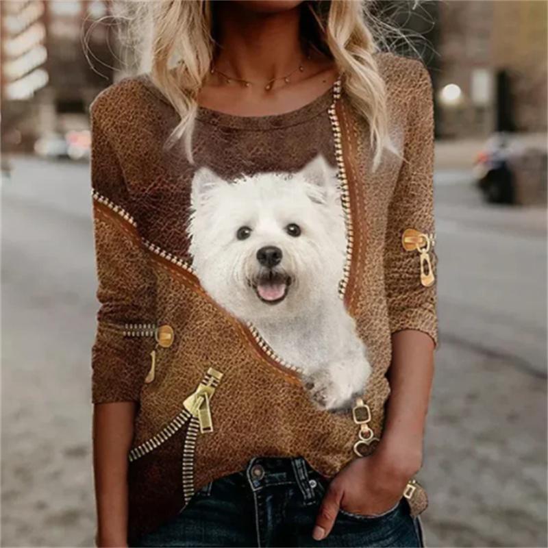 

2024 весна и осень новая женская футболка с длинными рукавами и круглым вырезом Meow Cat Series с 3D цифровым принтом 8XL