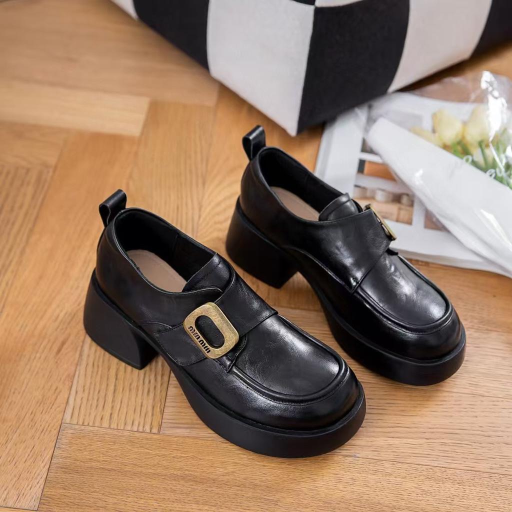 The First Layer of Cowhide British Fashion Women's Single Shoes Autumn New Round Head Platform Shoes Thick Heel Retro Small Leather Shoes