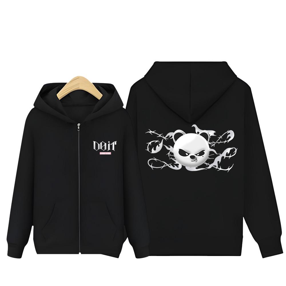 Stray Kids Zip-Up Hoodie - Black & Pink Graphic Cardigan with Kangaroo Pocket, Spring Autumn Casual Outerwear for STAY