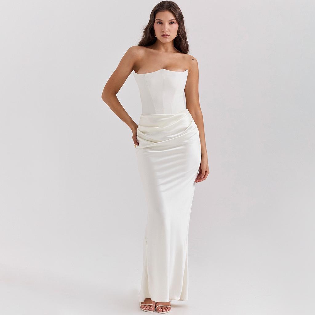 Women's Strapless Notched Satin Bodycon Maxi Dress Ruched Waist Backless Mermaid Hem Spring Elegant Evening Cocktail Wedding Guest Gown