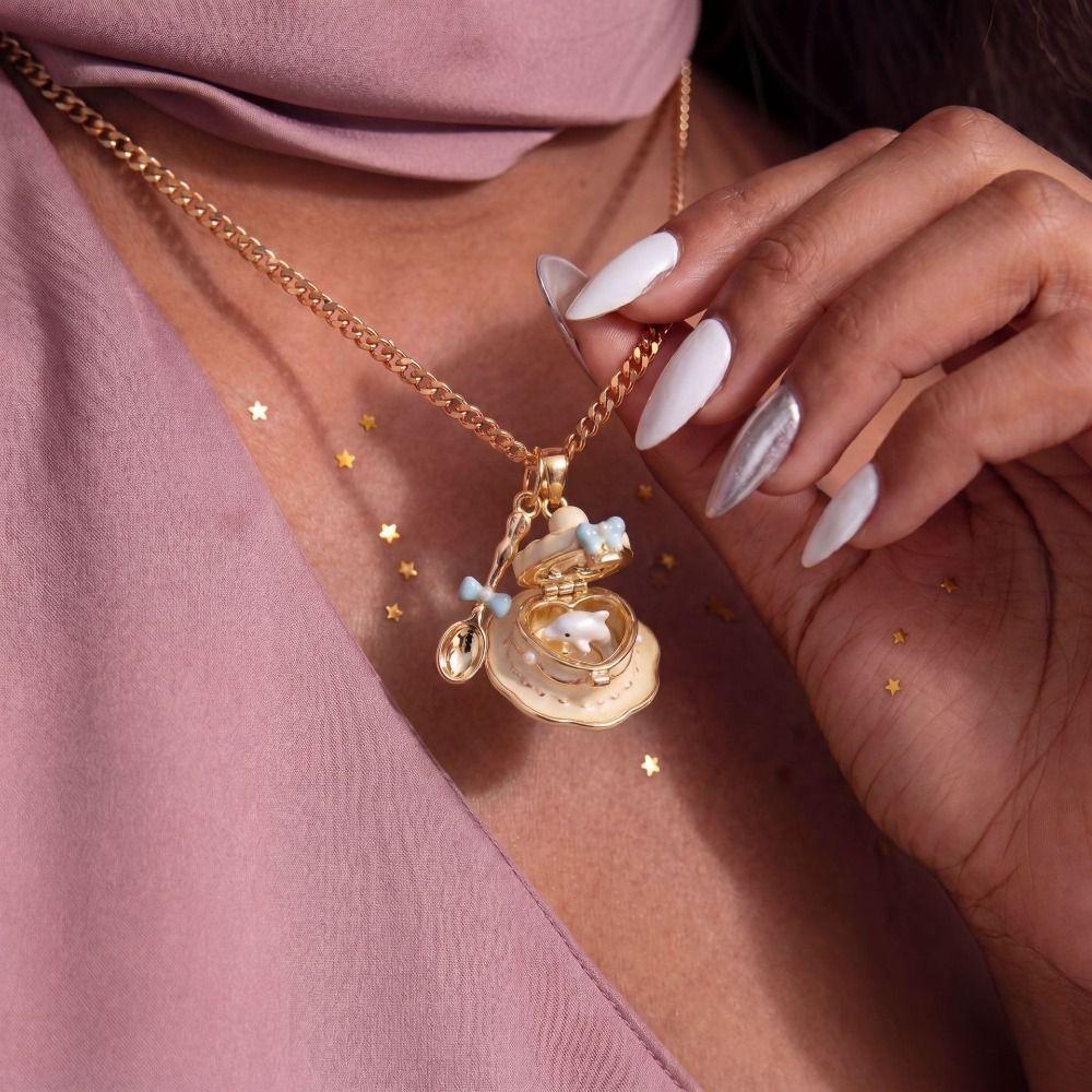 Metal Chain Teaspoon Pendant Necklace 18K Gold Plated Opening and Closing Lid Heart Enamel Necklace Copper Cup Enamel Ring