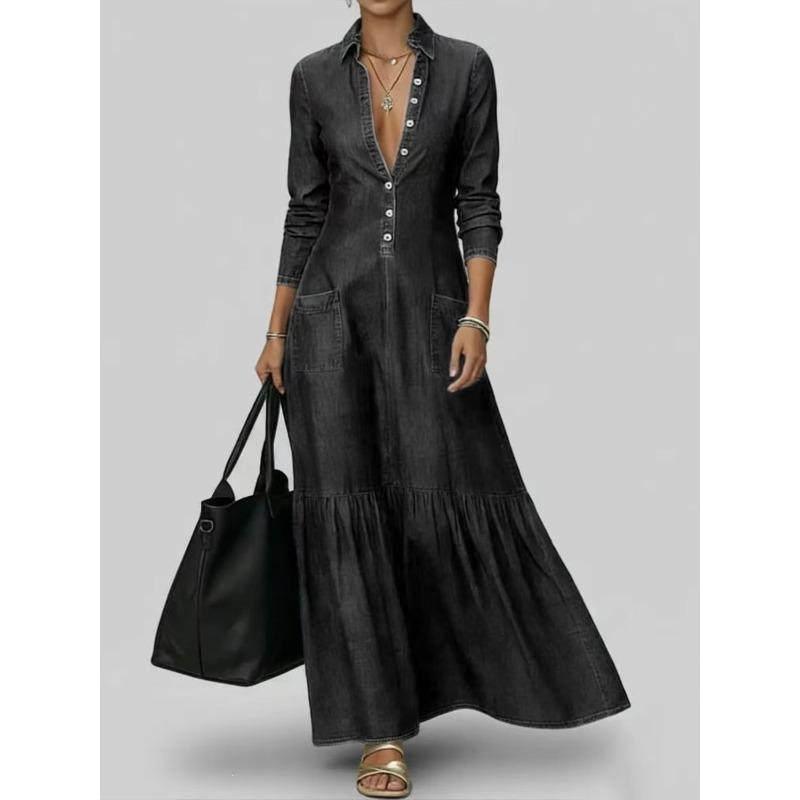 DICFY Women's Fashion Autumn Winter Solid Color Print Long Sleeve POLO Neck Casual Dresses