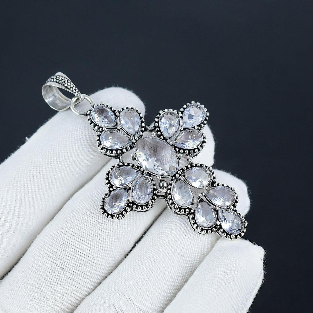 White Topaz Gemstone Silver Cross Pendant in 925 Sterling Silver - Handmade Pear Design, Everyday Wear Jewelry Father Day Gift