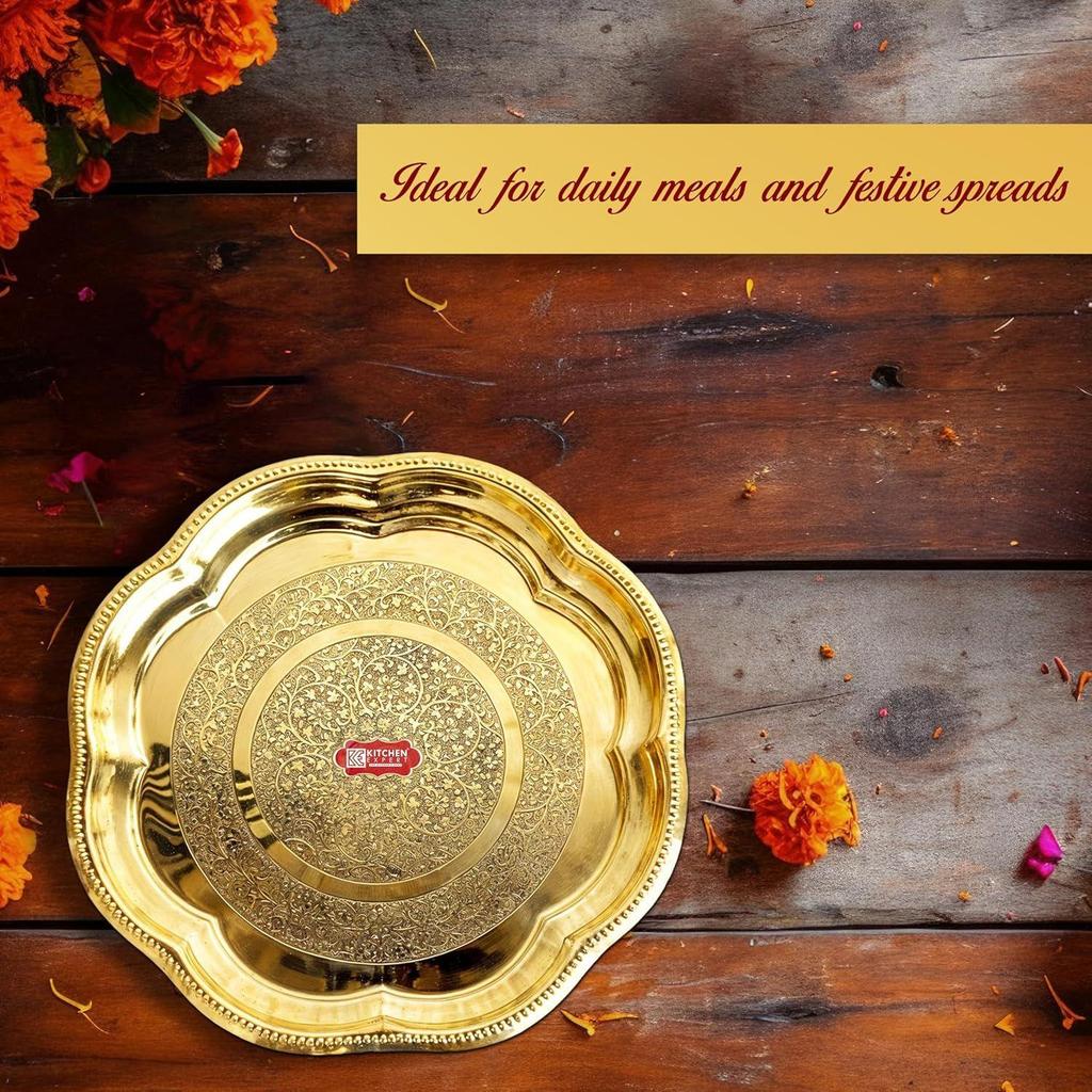 Kitchen Expert Small Brass Plate | 15cm | Pooja Thali | Engraved Flower Design | Ideal