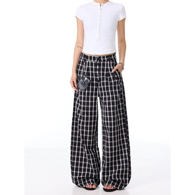 Zhao Silu's Same Style American Retro Black and White Checkered Casual Pants, Unisex Wide-Leg Floor-Length Pants with a Relaxed and Laid-Back Feel